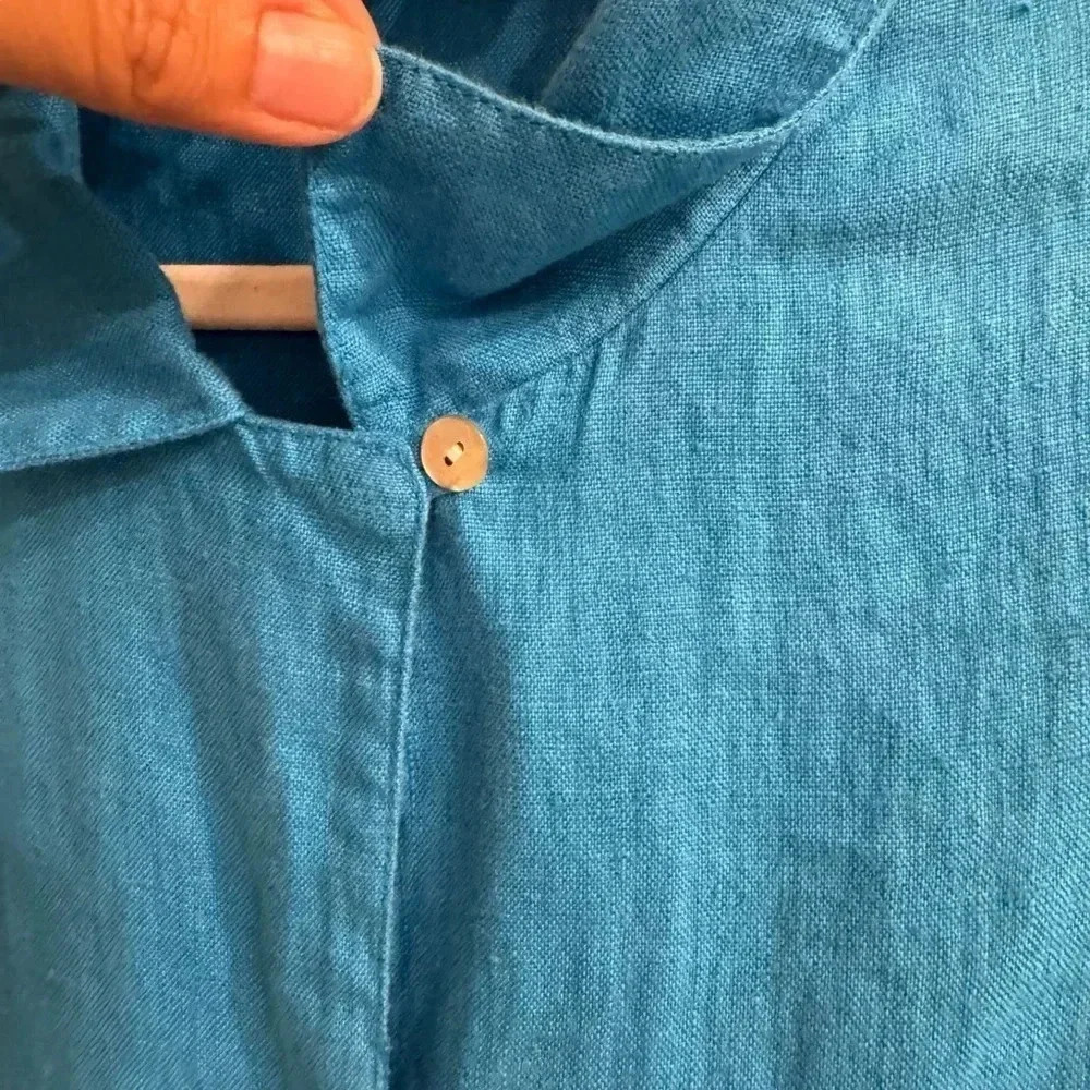 VINTAGE Chico’s 100% Linen Button Up Dress Size M‎ (2) Blue Coastal Beach Casual - Picture 5 of 10